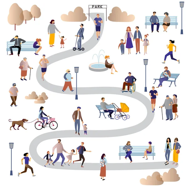 Women, men, parents and children, families, companies, people with disabilities, elderly and young people spend time outdoors. — Stock Vector
