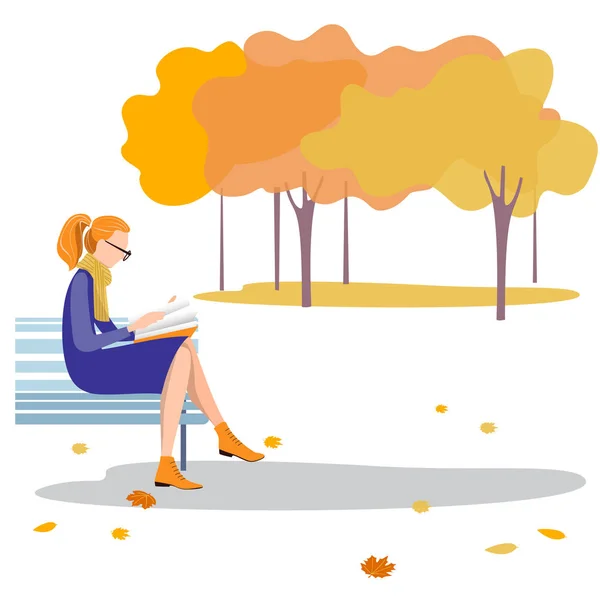Uma jovem mulher sentada em um banco lendo um livro no outono Park . —  Vetores de Stock