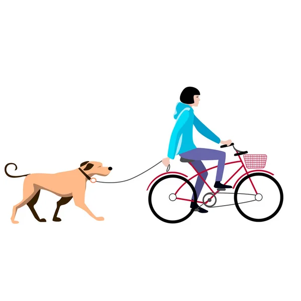 Vector cartoon illustration of young redhead woman riding a dog runs near her. Female cartoon character. Pets on a walk Isolated on a white background Royalty Free Stock Illustrations
