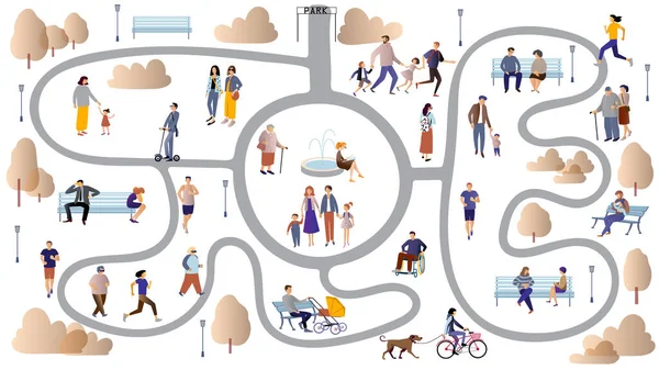 Women, men, parents and children, families, companies, people with disabilities, elderly and young people spend time outdoors. Stock Illustration