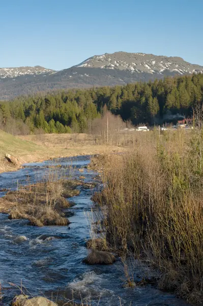 A mountain river flows next to the village — Stock Photo, Image