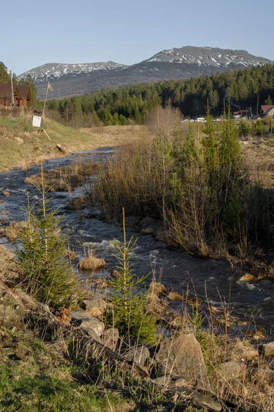 A mountain river flows next to the village — Stock Photo, Image
