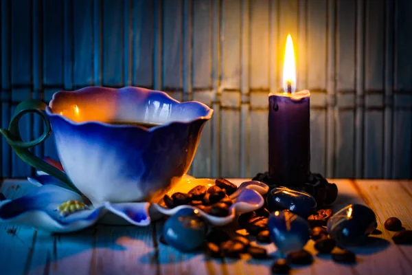 Svíčky Káva Romantický Večer — Stock fotografie
