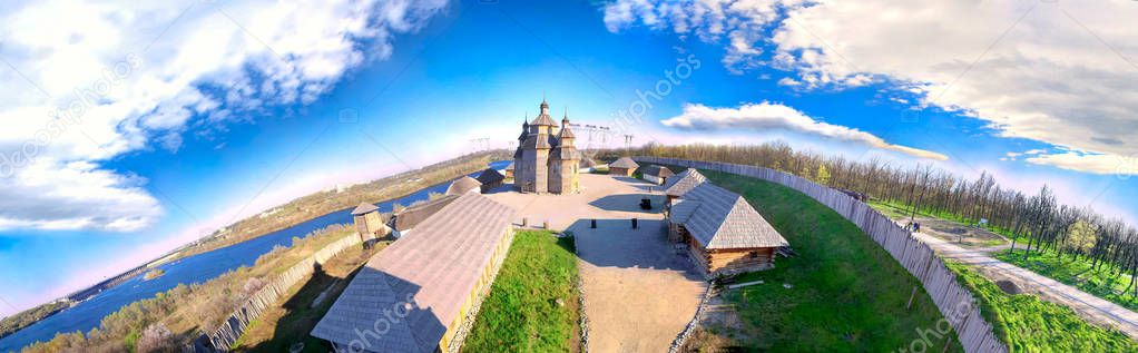 Khortytsia island - Zaporizhian Sich historical complex, dedicated to Ukrainian Cossacks (15-18 centuries). Khortytsia island on Dnieper river belong to National Heritage of Ukraine. Panoramic view.