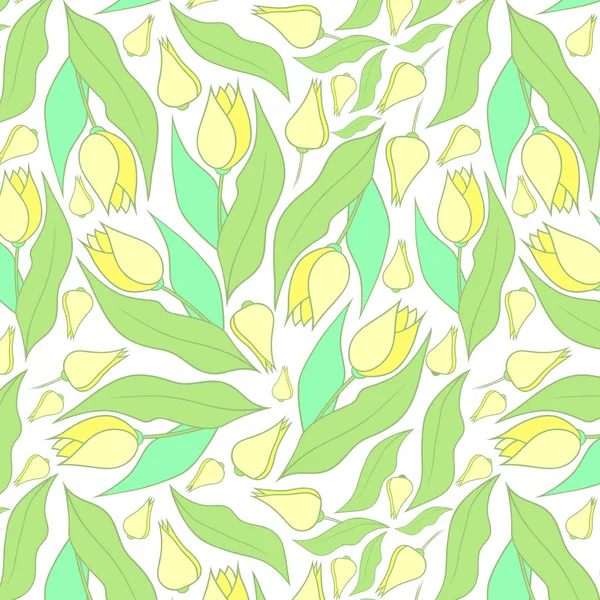 Весенние Цветы Желтые Тюльпаны Зеленые Листья — стоковый вектор