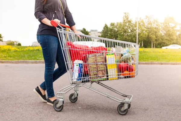 Woman Holding Grocery Trolley Products — Stock Photo, Image