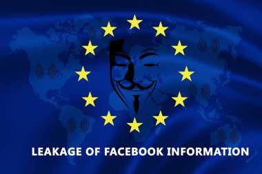 Metin hakkında bilgi ile Facebook ve anonim sembolü maskesi - sızıntı ile bilgi kaçağı ile Avrupa Birliği bayrağı 