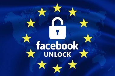 Metin ile Avrupa Birliği bayrağı Facebook için açık açık kilit - facebook ile bilgi sızıntısı sembolü ile