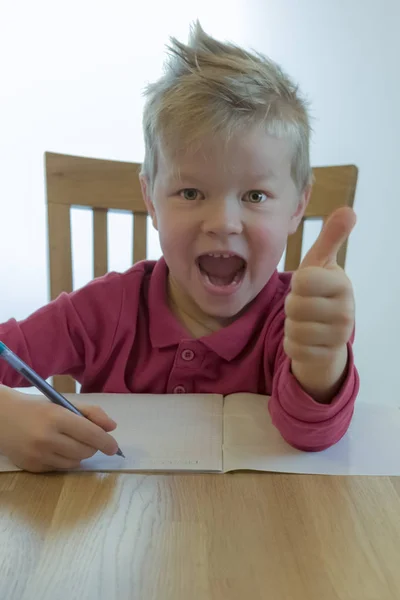 Educación Concepto Infancia Gente Niño Estudiante Feliz Escribiendo Cuaderno Casa —  Fotos de Stock