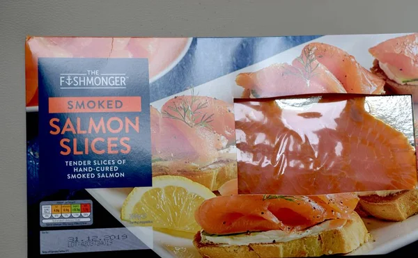 Smoked Salmon Slices Colourful Packaging Light Background — Stock Photo, Image
