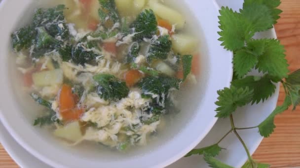 Organic hot freshly cooked nettle soup — Stock Video