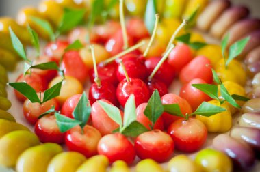 Yakın silme taklit meyve plaka arka plan düzenlemek, Choup Tay tatlılar bak