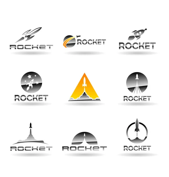 Cohetes Voladores Vectoriales Lanzaderas Espaciales Lanzamiento Naves Espaciales Aviación Iconos — Vector de stock