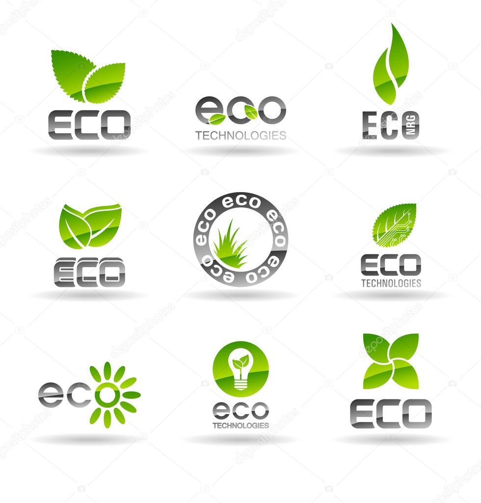 Eco food, organic bio products, eco friendly, vegan icons and ecology symbols. Set of vector logo design elements, badges, labels and logotype templates for your business