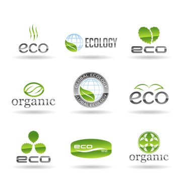 Eko gıda, organik biyo ürünleri, Çevre Dostu, vegan simgeler ve ekoloji simgeler. Vektör logo tasarım öğeleri, rozetleri, etiketleri ve işiniz için logo şablonlar kümesi