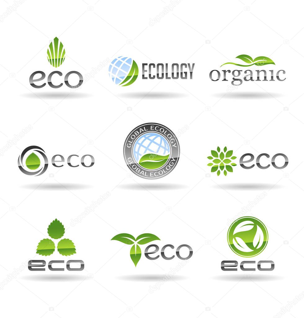 Eco food, organic bio products, eco friendly, vegan icons and ecology symbols. Set of vector logo design elements, badges, labels and logotype templates for your business