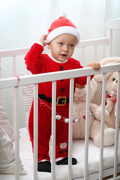 Eleven Month Old Boy Crib Dressed Santa Claus New Year — Stock Photo, Image