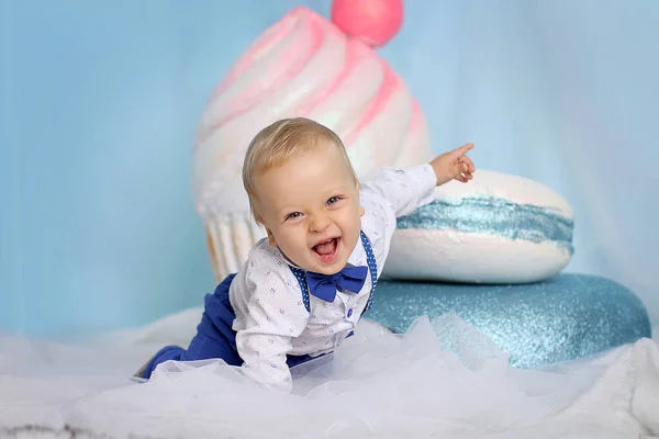 Laughing Blue Eyed Baby Boy Blond Blue Trousers White Shirt — Stock Photo, Image