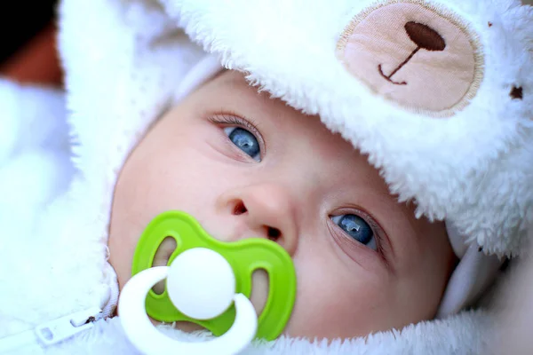 Portrait Four Month Old Blue Eyed Boy Pacifier Bear Overall — Stock Photo, Image