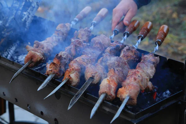 Cuisson Délicieuses Brochettes Viande Sur Gril Sur Des Brochettes — Photo