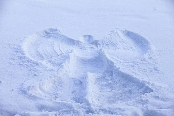 A snow angel made in the white snow.