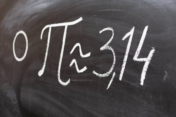 number pi handwritten with white chalk on a blackboard.