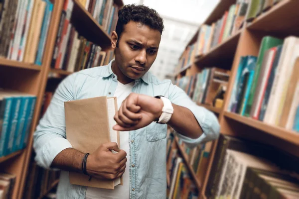 Ethnic Indian Mixed Race Student Library Surrounded Books — Stock Photo, Image