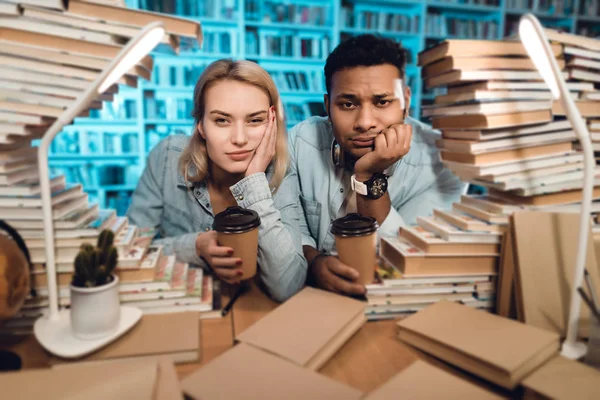 Ethnic Indian Mixed Race Guy White Girl Sitting Table Surrounded — Stock Photo, Image