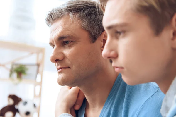 Portrait Father Hugging Son Home — Stock Photo, Image