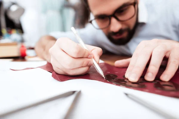 Close Male Designer Making Measurements Tailor Shop — Stock Photo, Image