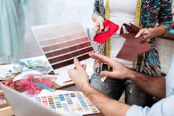 Close Man Woman Working Colorful Materials Tailor Shop — Stock Photo, Image