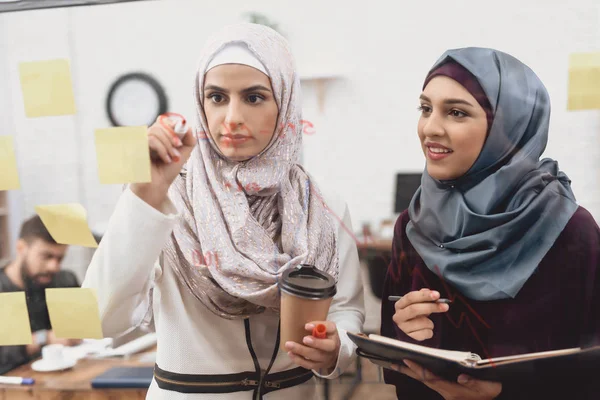Zwei Arabische Frauen Hidschab Machen Sich Notizen Auf Glastafel Büro — Stockfoto