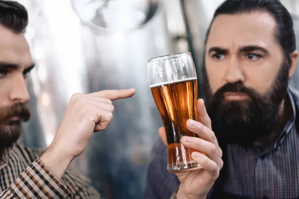 Two Adult Bearded Brewers Testing Beer Glass — Stock Photo, Image