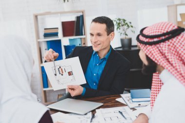 Emlakçı gösteren ev planı emlak ajansı Arap çift için
