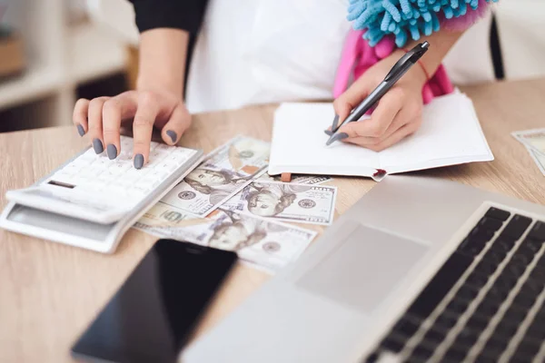 Close Asian Maid Uniform Cleaning Accessories Making Notes Notebook Laptop — Stock Photo, Image