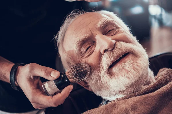 Barber Bringing Shaving Cream Face Little Brush — Stock Photo, Image