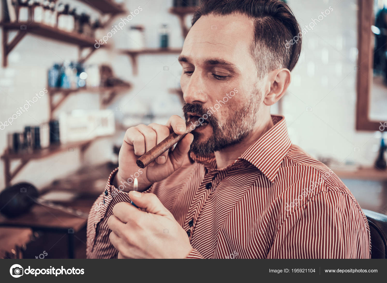 Client Relaxing Haircut Smoke Cigar Barbershop Stock Photo