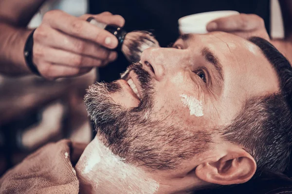 Barber Bringing Shaving Cream Face Little Brush — Stock Photo, Image