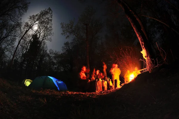 Kvällen lägerelden i mörk skog, — Stockfoto