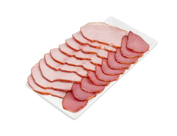 Sliced cured pork tenderloin and pork loin on rectangular dish — Stock Photo, Image