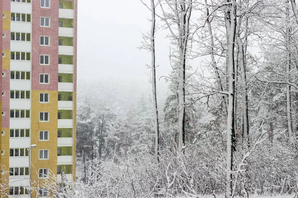 Fragment van appartementengebouw op achtergrond van bos tijdens sn — Stockfoto