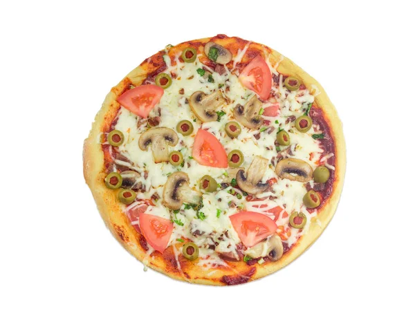 Pizza au poulet, champignons, tomates et olives sur fond clair — Photo