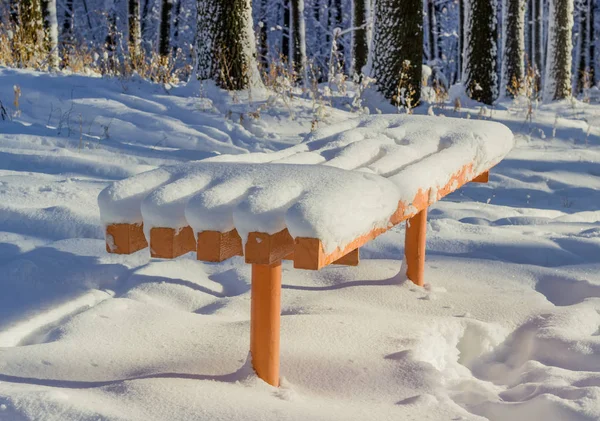 Orange TRÄDGÅRDSBÄNK täckt med fluffig snö — Stockfoto