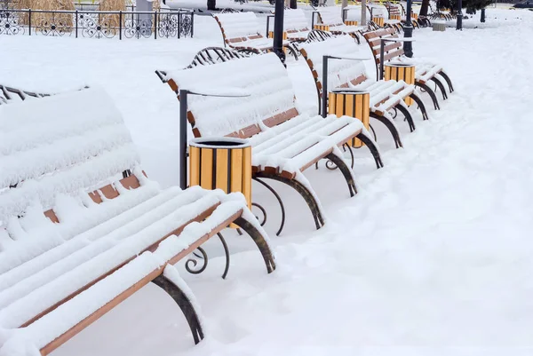 Linhas de bancos de parque, cobertas de neve em jardim público — Fotografia de Stock