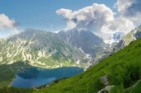 Lago de montaña contra las laderas de las montañas y el cielo — Foto de Stock