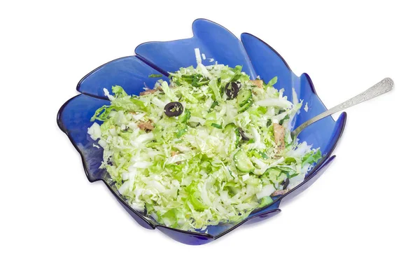 Vegetable salad with Chinese cabbage, olives, meat in salad bowl — Stock Photo, Image