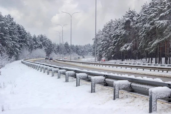 高速公路两侧降雪后的森林 — 图库照片