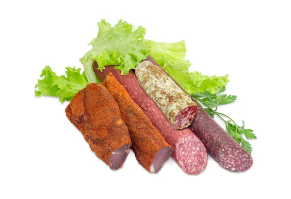 Solomillo de cerdo seco y varias variedades diferentes de salchichas — Foto de Stock