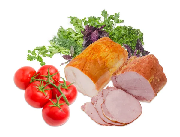 Two ham with pork loin and turkeys, greens and tomatoes — Stock Photo, Image