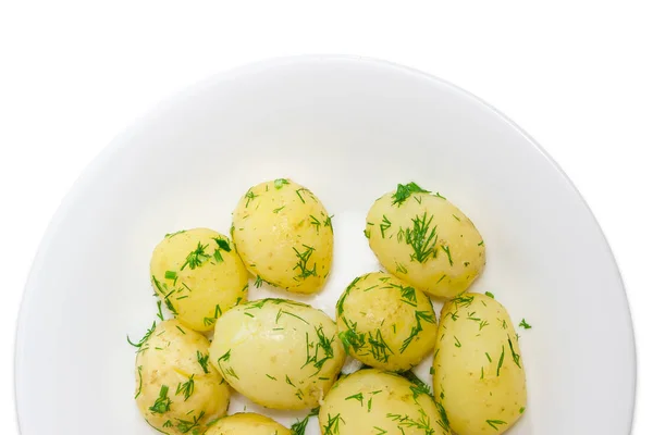 Patate giovani bollite con aneto sul piatto bianco primo piano — Foto Stock